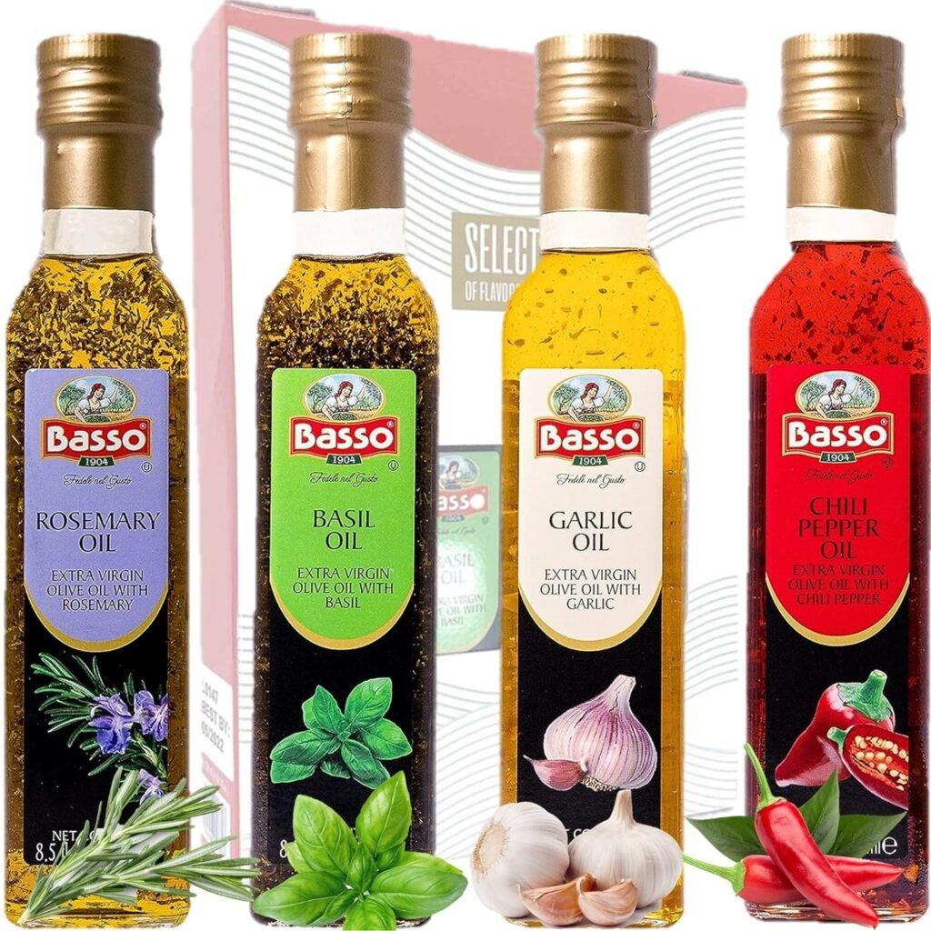 Infused Extra Virgin Olive Oil Variety Pack, Cold Pressed, 4 x 8.5oz Bottles, Gift Box - Chili, Garlic, Basil, Rosemary