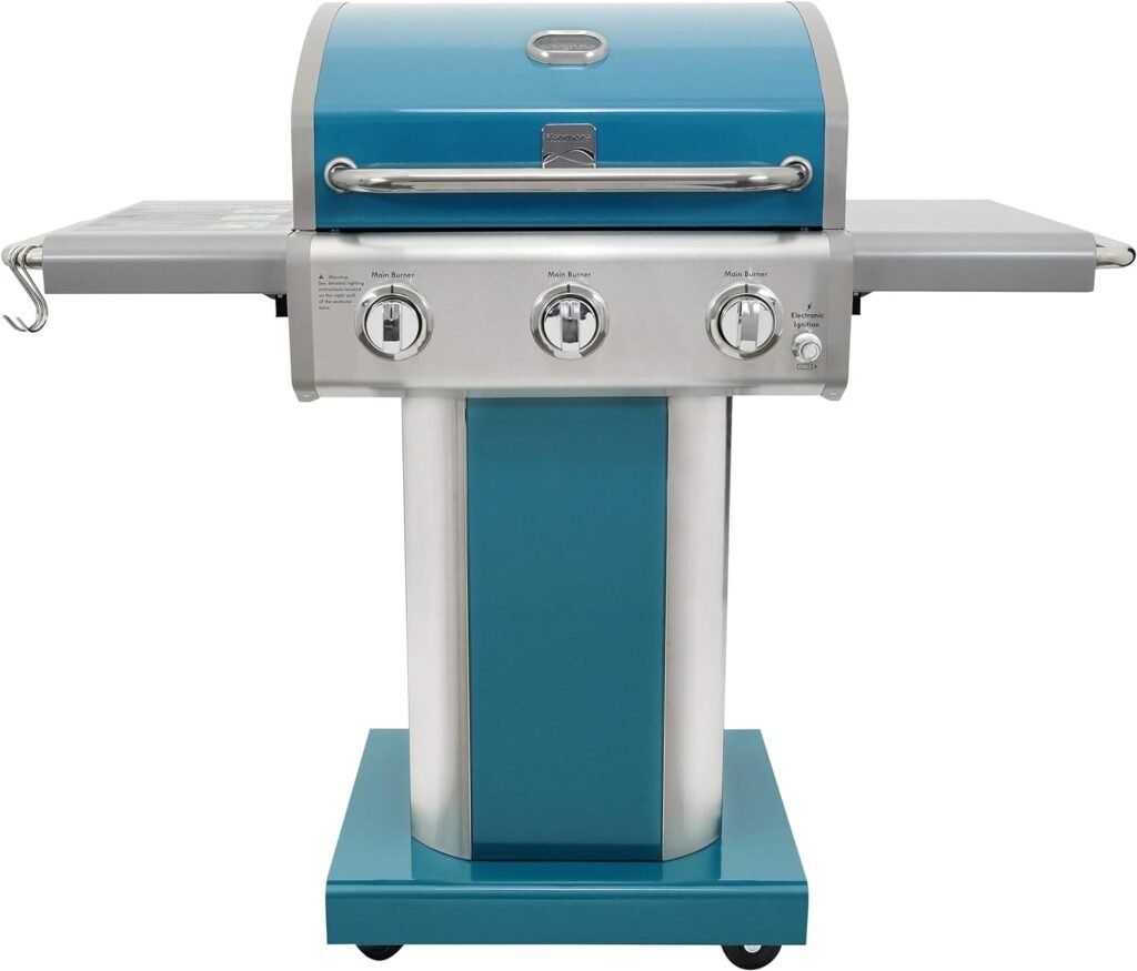 Kenmore 3-Burner Outdoor BBQ Grill | Liquid Propane Barbecue Gas Grill with Folding Sides, PG-A4030400LD-TL, Pedestal Grill with Wheels, 30000 BTU, Teal