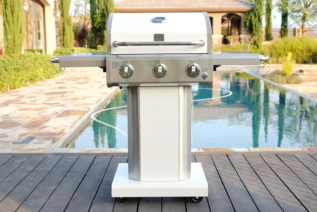 Kenmore 3-Burner Outdoor BBQ Grill | Liquid Propane Barbecue Gas Grill with Folding Sides, PG-A4030400LD-TL, Pedestal Grill with Wheels, 30000 BTU, Teal