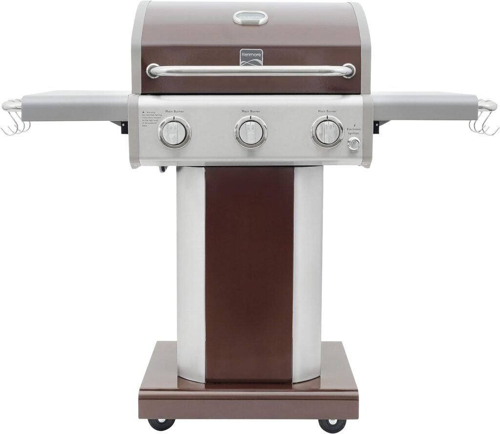 Kenmore 3-Burner Outdoor BBQ Grill | Liquid Propane Barbecue Gas Grill with Folding Sides, PG-A4030400LD-TL, Pedestal Grill with Wheels, 30000 BTU, Teal