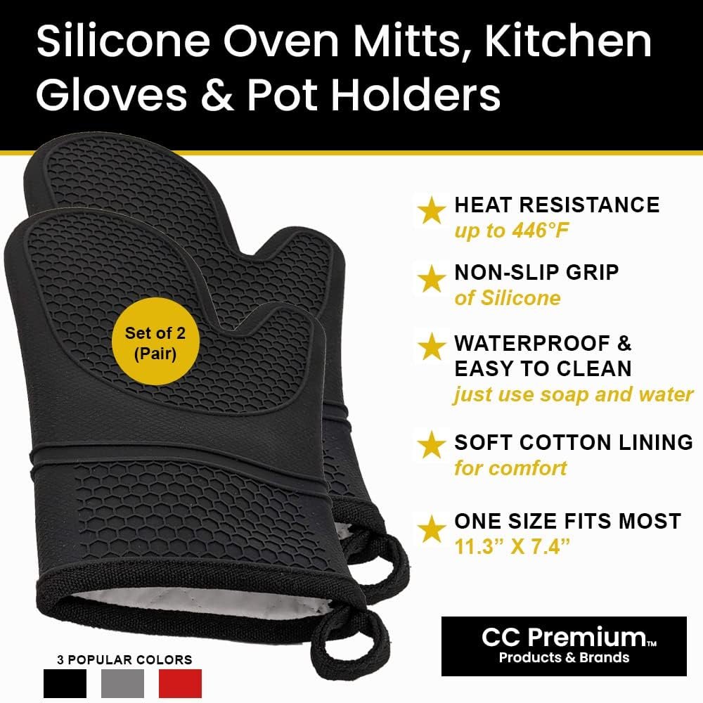 Oven Mitts Heat Resistant Silicone, Kitchen Gloves  Pot Holders, Cotton Lining, Non-Slip, Flexible, Durable, Easy Clean, Cooking, Baking, Grilling, Double Sided (Pair of 2 Oven Mitts) Black