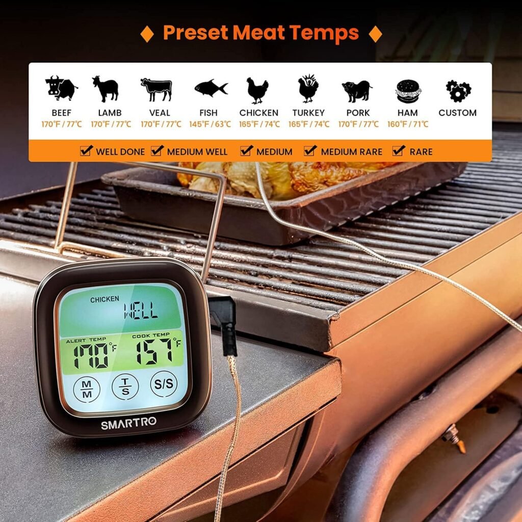 SMARTRO ST59 Digital Meat Thermometer for Oven BBQ Grill Kitchen Food Cooking with 1 Probe and Timer, LCD