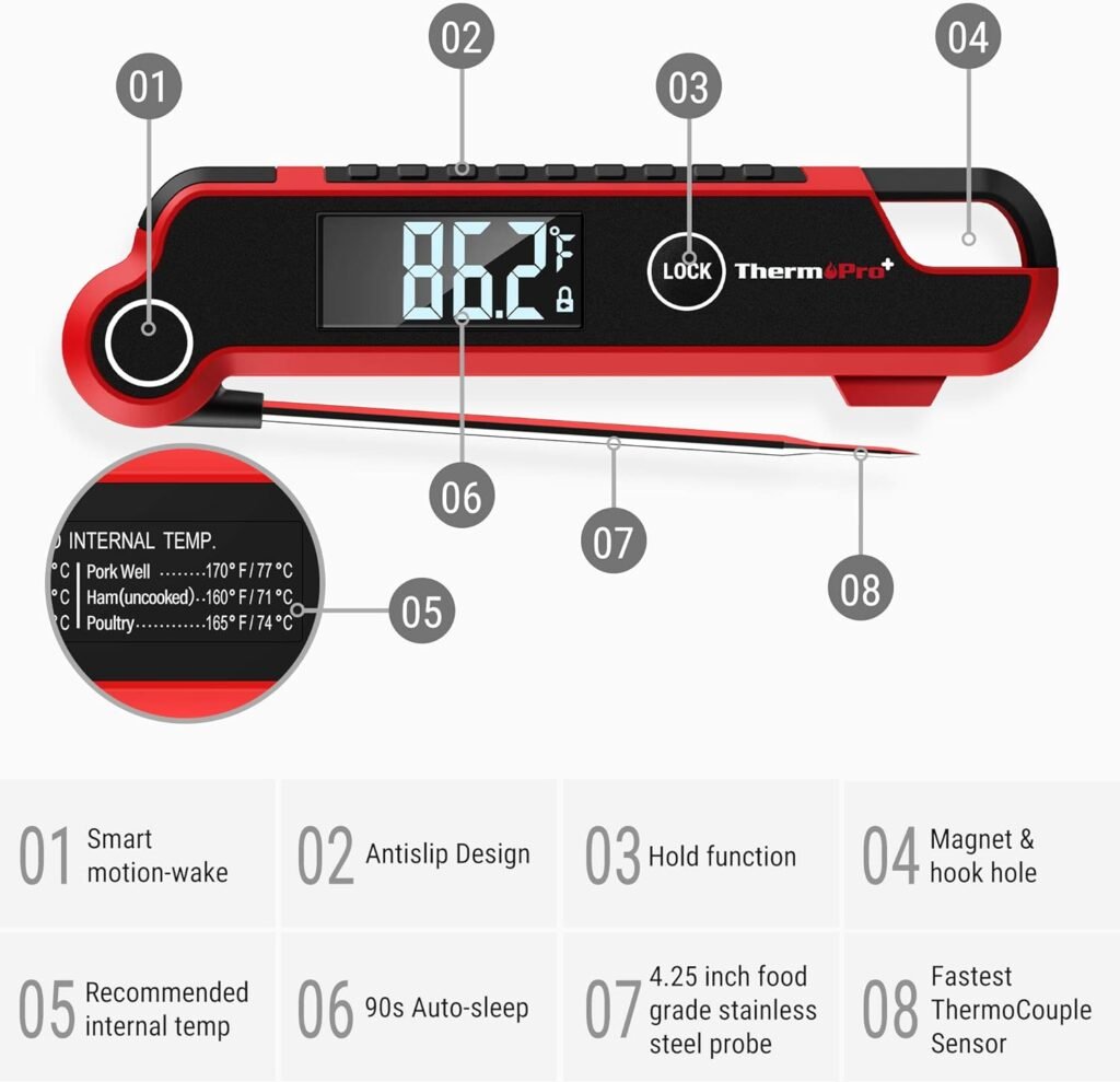 ThermoPro TP620 Instant Read Meat Thermometer Digital, Cooking Thermometer with Large Auto-Rotating LCD Display, Waterproof Food Thermometer Digital for Kitchen, BBQ, or Grill