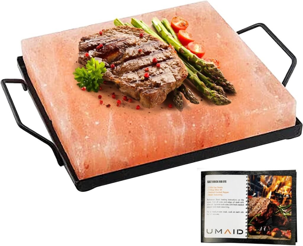 UMAID Himalayan Salt Block Cooking Plate 8x8x1.5 for Cooking, Grilling, Cutting and Serving, Food Grade Rock Salt Stone On Steel Tray with Recipe Pamphlet Unique Gifts for Men, Women, Dads  Cooks