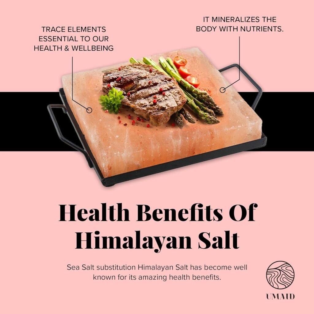 UMAID Himalayan Salt Block Cooking Plate 8x8x1.5 for Cooking, Grilling, Cutting and Serving, Food Grade Rock Salt Stone On Steel Tray with Recipe Pamphlet Unique Gifts for Men, Women, Dads  Cooks